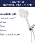 Beefy Solid Metal Handheld Shower Head Holder Chrome Adjustable Wall Hook Bracket with compatibility details and list.