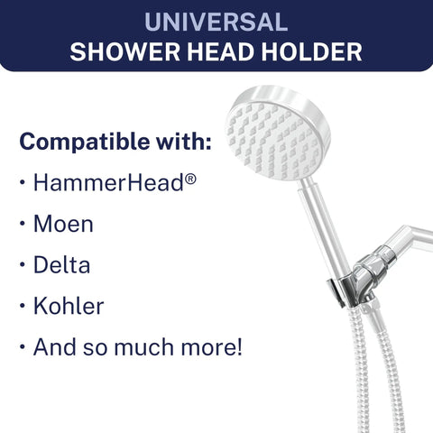 Beefy Solid Metal Handheld Shower Head Holder Chrome Adjustable Wall Hook Bracket with compatibility details and list.