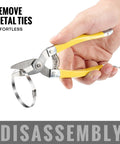 Hand holding stainless steel cable tie gun kit scissors for disassembly, part of Stainless Steel Cable Tie Gun Kit With 200 Metal Zip Ties In Two Sizes And Tensioning And Cutting Tool For Garden Farm Fence Projects Chicken Coop And Privacy Yard Fence Reinforcement Or Repair