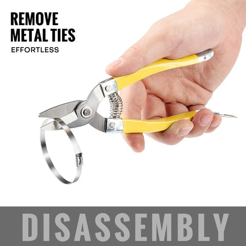 Hand holding stainless steel cable tie gun kit scissors for disassembly, part of Stainless Steel Cable Tie Gun Kit With 200 Metal Zip Ties In Two Sizes And Tensioning And Cutting Tool For Garden Farm Fence Projects Chicken Coop And Privacy Yard Fence Reinforcement Or Repair