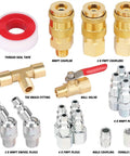 18 Piece Air Fittings Kit With Universal Quick Coupler And Ball Valve, including couplers, ball valve, and thread seal tape