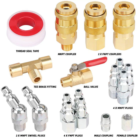 18 Piece Air Fittings Kit With Universal Quick Coupler And Ball Valve, including couplers, ball valve, and thread seal tape