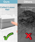 Dual image showing Reusable Silicone Hair Catcher For Shower Wall And Bathroom Bathtub No Fuss No Mess Clip On Drain Protector next to clogged drain.