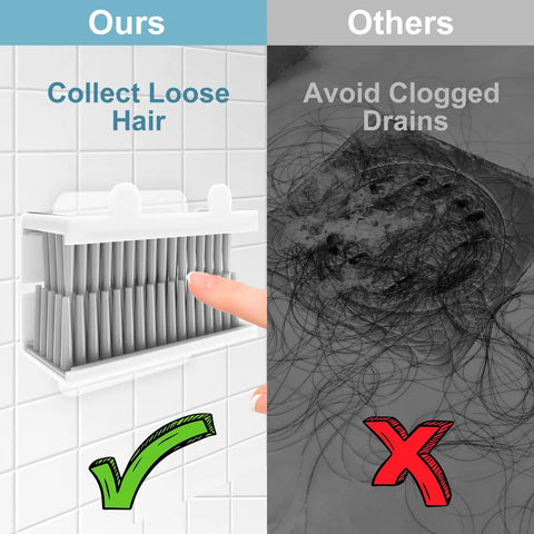 Dual image showing Reusable Silicone Hair Catcher For Shower Wall And Bathroom Bathtub No Fuss No Mess Clip On Drain Protector next to clogged drain.