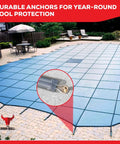 Beefy Heavy Duty Brass Pool Cover Anchors For Concrete And Paver Decks Universal Size Fits Three Quarter Inch Hole Safe Inground Pool Safety Covers Durable Weatherproof And Easy To Install Five Pack showing installed on a pool cover.