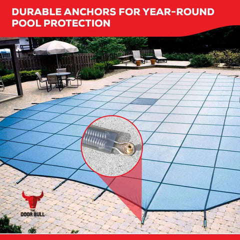 Beefy Heavy Duty Brass Pool Cover Anchors For Concrete And Paver Decks Universal Size Fits Three Quarter Inch Hole Safe Inground Pool Safety Covers Durable Weatherproof And Easy To Install Five Pack showing installed on a pool cover.
