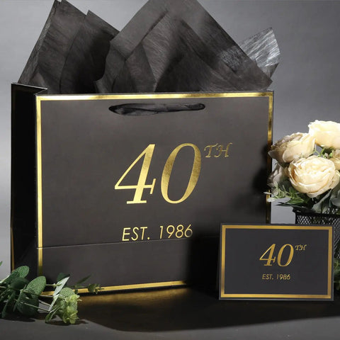 40th Birthday Gift Bag With Card And Tissue Paper For Men And Women 1986, elegant black and gold design, 13-inch, with tissue paper and card