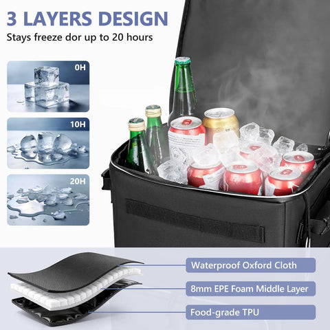 Large Collapsible Soft Sided Cooler On Wheels With A Big 7 Inch Wheel 84 Can Capacity Perfect For Beach Trips Camping Fishing And Road Trips 20 Plus Hour Ice Retention Leakproof And Anti Tipping Design showing interior with ice and drinks.