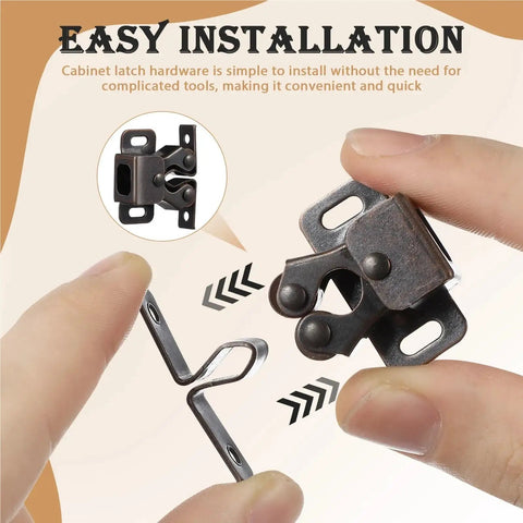 Double Roller Catch Cabinet Latches Set For Cupboard Drawer Closet shown in easy installation process