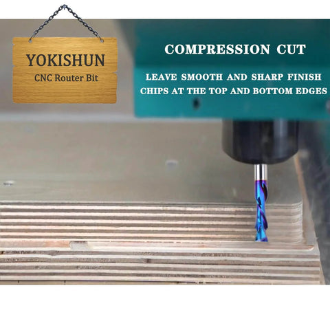 Three Eighths Inch Shank Compression CNC Router Bits Carbide Spiral End Mill Up and Down Cut Nano Blue Coated in use.
