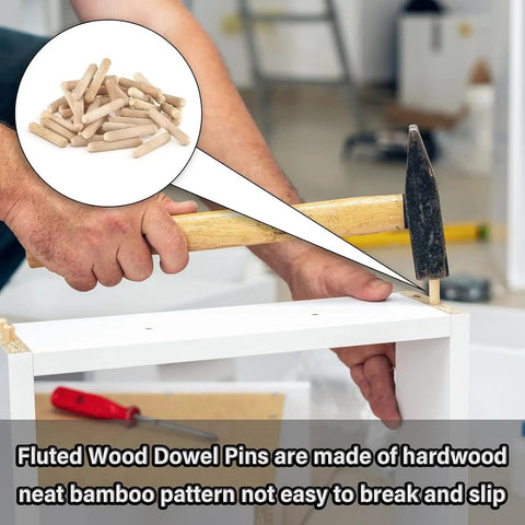 Big Pack Of 225 Dope Wood Dowels Kit In 1/4 5/16 3/8 Inch Eight Sizes For Furniture Making, shown in use with a hammer.