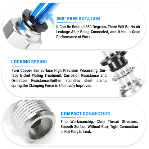 Pneumatic Straight Push To Connect Fittings One Half Inch Tube Outer Diameter To Three Eighth Inch NPT Thread Copper And Plastic Pro Grade Construction 0 To 145 Psi Working Pressure For PU And PA Tubing Pack Of Two, highlighting features: 360-degree rotation, locking spring, and compact connection.
