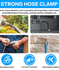 Diagram showing usage of Adjustable Stainless Steel Hose Clamps Kit in plumbing and garden projects.