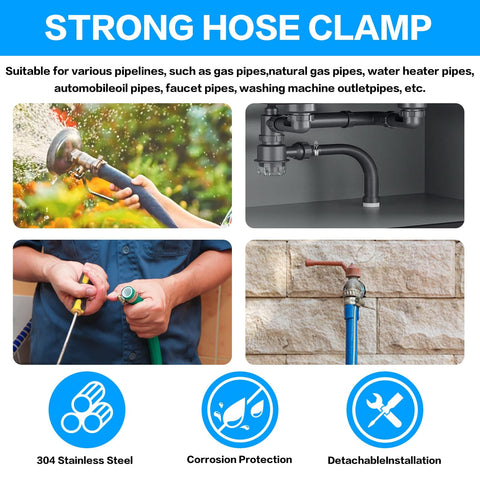 Diagram showing usage of Adjustable Stainless Steel Hose Clamps Kit in plumbing and garden projects.
