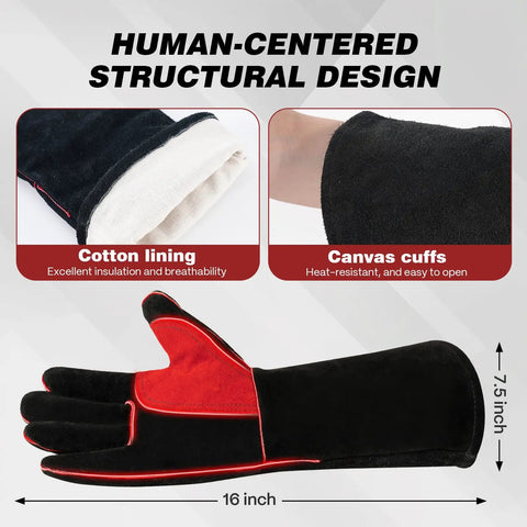 Leather Forge Welding Gloves 16 Inch Heavy Duty Heat Resistant Up To 662 Degrees with cotton lining and canvas cuffs.