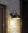 Dusk To Dawn Outdoor Wall Sconces With Sensor, Dope Vintage Matte Gooseneck Barn Lights on brick wall, black and gold finish.