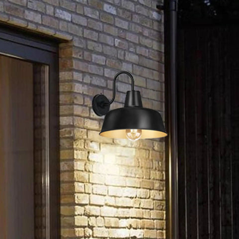Dusk To Dawn Outdoor Wall Sconces With Sensor, Dope Vintage Matte Gooseneck Barn Lights on brick wall, black and gold finish.