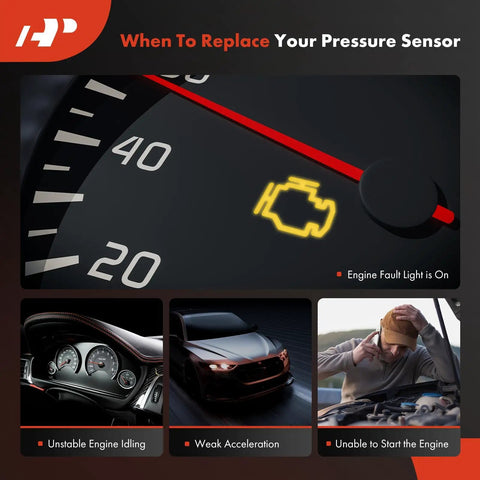 Diesel Particulate Filter Pressure Sensor For Ram Trucks 2019 To 2023 6.7L Cummins OEM Grade 2500 3500 4500 5500 Dps122 68312096AA 68312096AB Black 4 Pin Blade Connector with engine fault icon