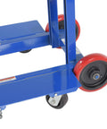 Close-up of swivel casters on Badass Workhorse Steel Load Lift Platform With Winch And Swivel Casters 24 By 20 Inch Deck 400 Pound Capacity Manual Floor Jack For Tough Job Site Projects Blue.