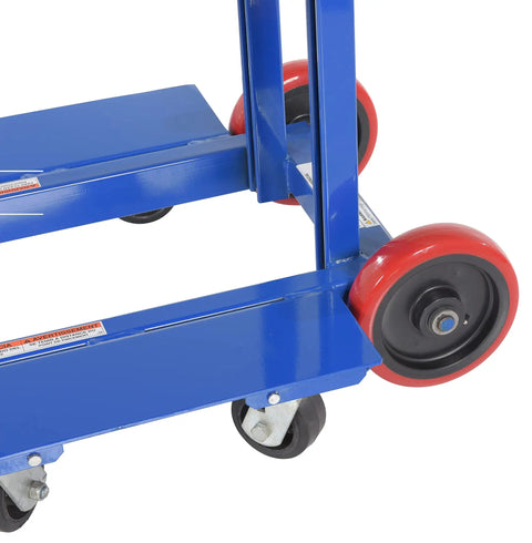 Close-up of swivel casters on Badass Workhorse Steel Load Lift Platform With Winch And Swivel Casters 24 By 20 Inch Deck 400 Pound Capacity Manual Floor Jack For Tough Job Site Projects Blue.