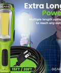 Powerful 2000 Lumen COB LED Work Light with 15 ft cord, green, shown with plug and man holding for shop use image.