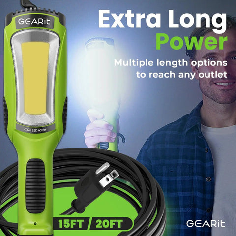 Powerful 2000 Lumen COB LED Work Light with 15 ft cord, green, shown with plug and man holding for shop use image.