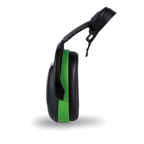 Side view of Green Ear Defenders For Super Plasma And Zenith Helmets With Peltor 3M Style Compatibility showing helmet mount
