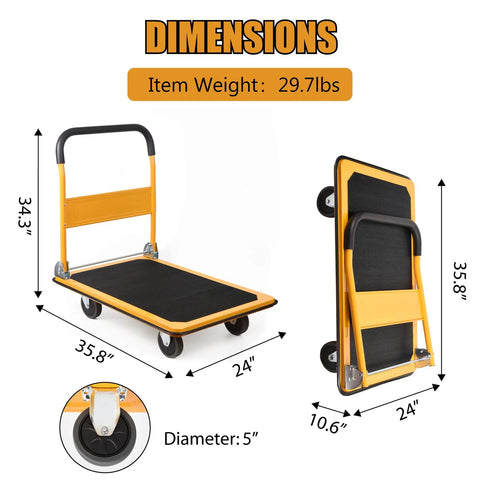 Platform Truck Foldable Push Cart Heavy Duty 880 Lb Capacity with 2 Ropes Yellow 35.8 by 24 by 34.3 Inches shown folded and unfolded