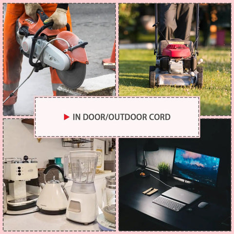 Collage showing Heavy Duty Outdoor Extension Cord 100 Ft with 16/3 SJTW Cable used for tools, lawnmower, kitchen, and office.