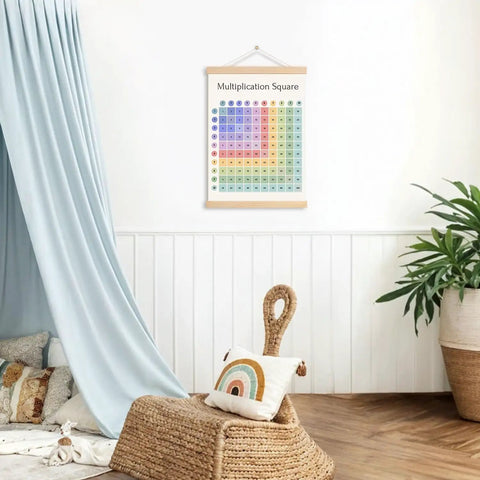 Multiplication Square Poster With Integrated Hanger Frame Kid Friendly Classroom Decor Times Table Chart Math Learning Poster Sized 12.5 By 17 Inches displayed in a cozy room with a hanging frame.