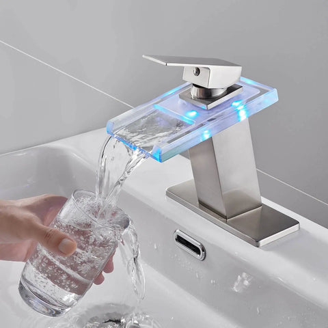LED Waterfall Bathroom Faucet With Lit Color Changing Lights, Water Powered No Battery Needed, Glass Faucet With Deck Plate, Single Handle