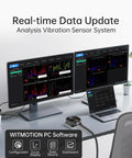 Computer setup displaying Beefed Up IP68 3 Axis Vibration Sensor with RS485 Modbus RTU for motor monitoring on screens.