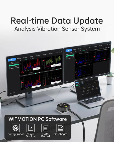Computer setup displaying Beefed Up IP68 3 Axis Vibration Sensor with RS485 Modbus RTU for motor monitoring on screens.