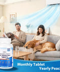 AC Drain Pan Tablets 120 Count for Condensate Systems in living room scene with couple and dog, showing relaxed environment.
