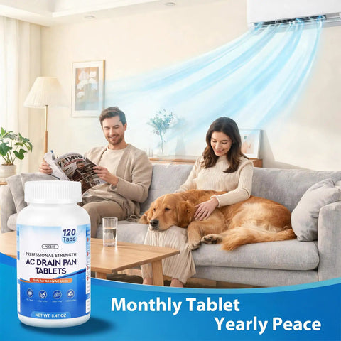 AC Drain Pan Tablets 120 Count for Condensate Systems in living room scene with couple and dog, showing relaxed environment.