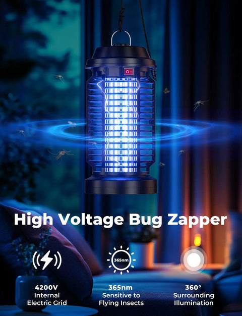 Plug In Bug Zapper For Indoor Outdoor Use, Waterproof Electric Mosquito And Fly Killer Lamp With 4200V Grid, 15W Light