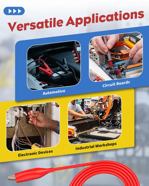Image showing applications of Back Probe Kit 30 Pcs Automotive Test Leads Bundle for diagnostics in automotive, circuit boards, electronic devices, and workshops.