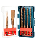 Six Piece SDS Plus Rotary Hammer Drill Bits And Chisel Set Includes Three Eighths Inch One Quarter Inch Three Sixteenths Inch And