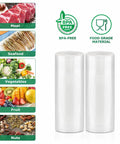 Two rolls of BPA-free 8x20 Inch Vacuum Sealer Bags For Food, 2 Rolls, Kitchen Hack To Keep Food Fresh Longer, Great For Freezing, Refrigerating, And Sous Vide, Works With All Vacuum Sealers, Premium Storage That Slashes Spoilage next to food types.