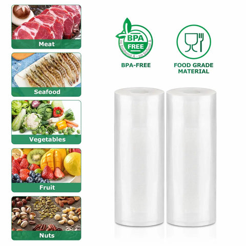 Two rolls of BPA-free 8x20 Inch Vacuum Sealer Bags For Food, 2 Rolls, Kitchen Hack To Keep Food Fresh Longer, Great For Freezing, Refrigerating, And Sous Vide, Works With All Vacuum Sealers, Premium Storage That Slashes Spoilage next to food types.