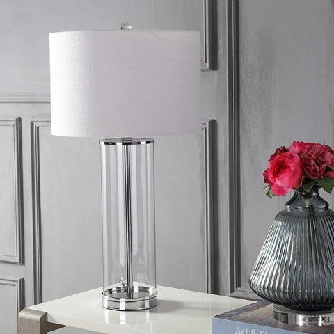 Clear Chrome Modern Glass Table Lamp For Living Room And Bedroom Slick Minimalist Nightstand Bedside Light With White Linen Drum Shade LED Bulb Included ETL Listed For Safe Clean Look on a table
