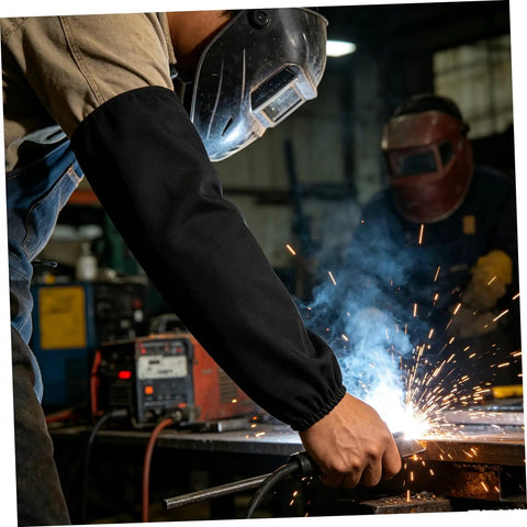 Heat Resistant Welding Sleeves Built For The Daily Grind Provide Flame Proof Arm Guards With.Snug Hook And Loop Closure To Keep Hands And Forearms Covered While You Grind In Black, worn during welding.