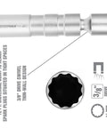Three Eighths Inch Drive Swivel 14mm Spark Plug Socket With Flexible Head, Thin Wall Design, And Plug Retainer, Chrome Moly Steel