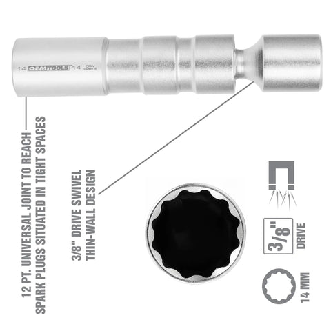 Three Eighths Inch Drive Swivel 14mm Spark Plug Socket With Flexible Head, Thin Wall Design, And Plug Retainer, Chrome Moly Steel