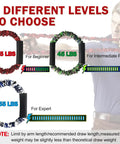 25 Lb Draw Bow Trainer Band For Archery with three levels: 25 lbs red, 45 lbs green, 55 lbs blue for all training stages.