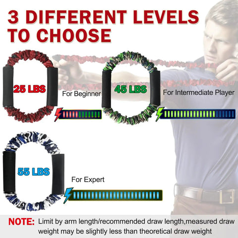 25 Lb Draw Bow Trainer Band For Archery with three levels: 25 lbs red, 45 lbs green, 55 lbs blue for all training stages.