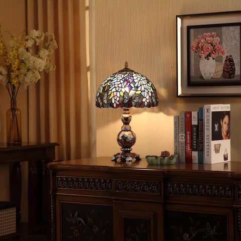 Wisteria Flowers Butterflies Tiffany Style Stained Glass Table Lamp With A 12 Inch Wide Lampshade And 19 Inch Tall Handmade Craftsmanship