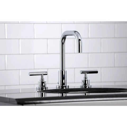 Manhattan Widespread Bathroom Faucet With Pop Up Drain In Polished Chrome, Solid Brass Construction, on black countertop