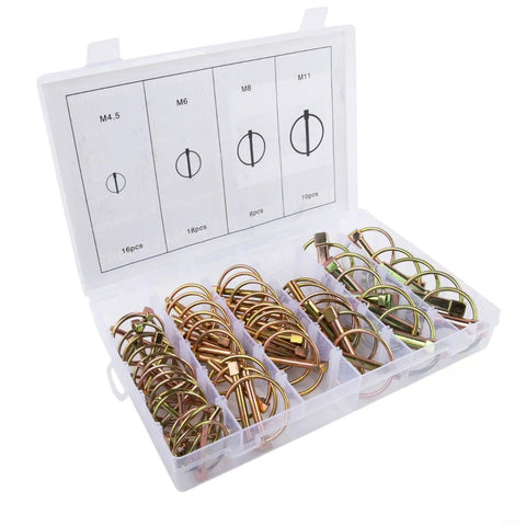 Dowel Pin Set With 50 Pieces And Four Sizes Heavy Duty Safety Spring Pins With Locking Rings in plastic organizer