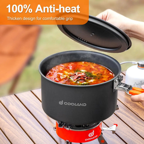 Nonstick Camping Cookware Mess Kit with Lightweight Pot in use on camp stove, ideal for backpacking and outdoor cooking